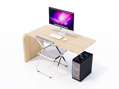 Modern Wooden Desk Setup With Computer Monitor Keyboard Mouse And RGB Lighting PC Tower 3d model