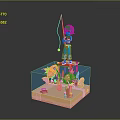 Colorful Fish Swimming in Transparent Cube with Pink Plants and Fishing Figure