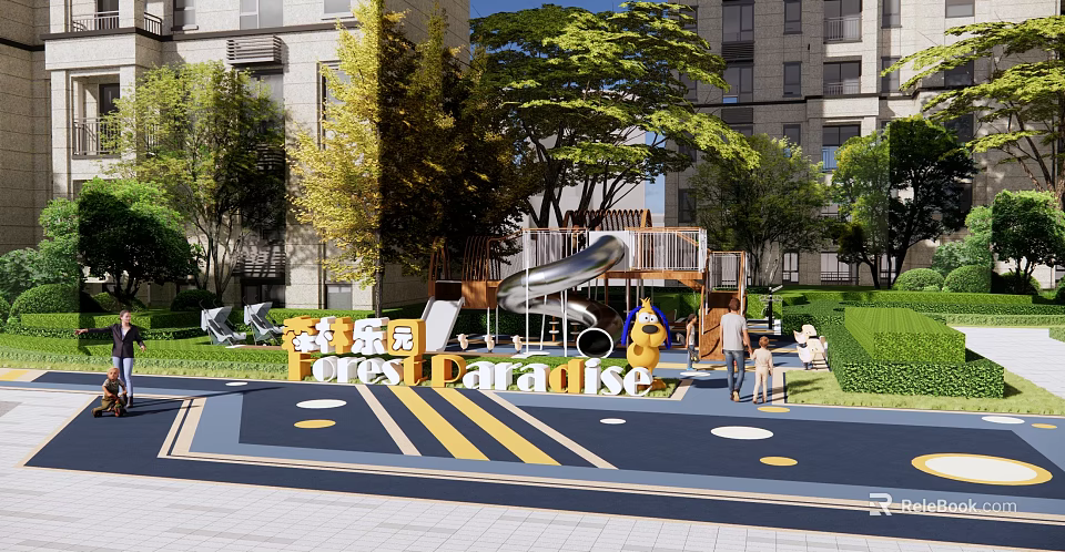 Fresh Paradise Kids Playground Featuring Slide Adults With Children And Trees 3d model 