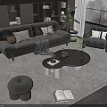 Gray Sofa With Throw Pillows Blanket Round Coffee Table Set Living Room Rug Plants Ottoman
