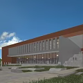 Modern Public Building With Brown White Exterior Large Glass Windows Square Steps People And Greenery