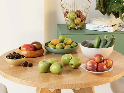 Fresh Assorted Variety Of Fruits In Bowls On Wooden Table 3d model