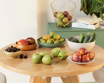 Fresh Assorted Variety Of Fruits In Bowls On Wooden Table 3d model