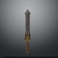 Decorative Ancient Sword With Intricate Blade Patterns And Golden Hilt Design