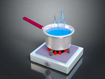 Silver Cooking Pot With Red Handle On White Hot Plate Boiling Blue Liquid 3d model