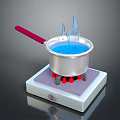 Silver Cooking Pot With Red Handle On White Hot Plate Boiling Blue Liquid