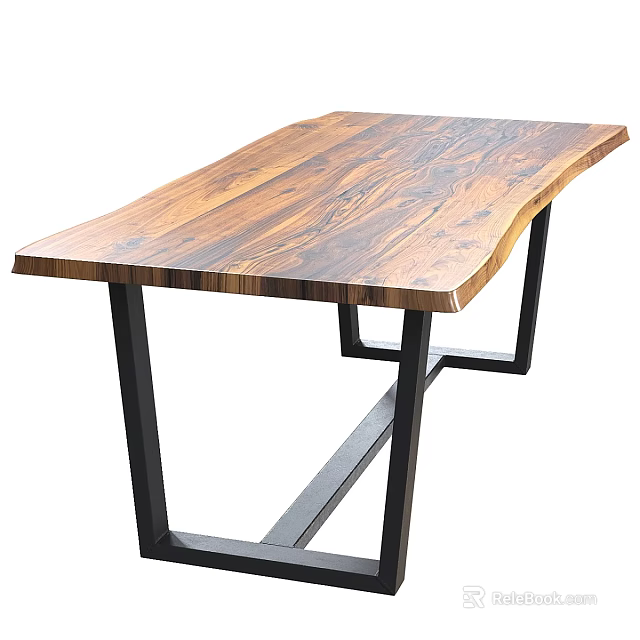 Rustic Live Edge Dining Table With Natural Wood Grain And Black Metal Frame 3d model 