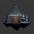Cartoon Winter Scene With Snowy Log Cabin Pine Trees String Lights And Wooden Barrels