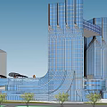 Tall Modern Office Building With Glass Facade Connected At Top And Surrounded By Roads Pedestrians
