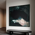 Abstract Painting With Dark Green And Light Pink Tones On Modern Interior Wall