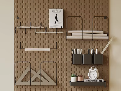 Modern Wall Decor With Perforated Board Metal Shelves Book Clock And Small Potted Plant 3d model