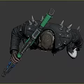 Cyberpunk Male Character In Black Leather Jacket With Futuristic Weapon And Mechanical Arm