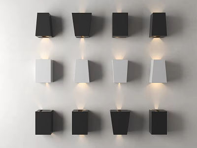 Modern Black And White Geometric Wall Lamps Illuminated On White Wall 3d model