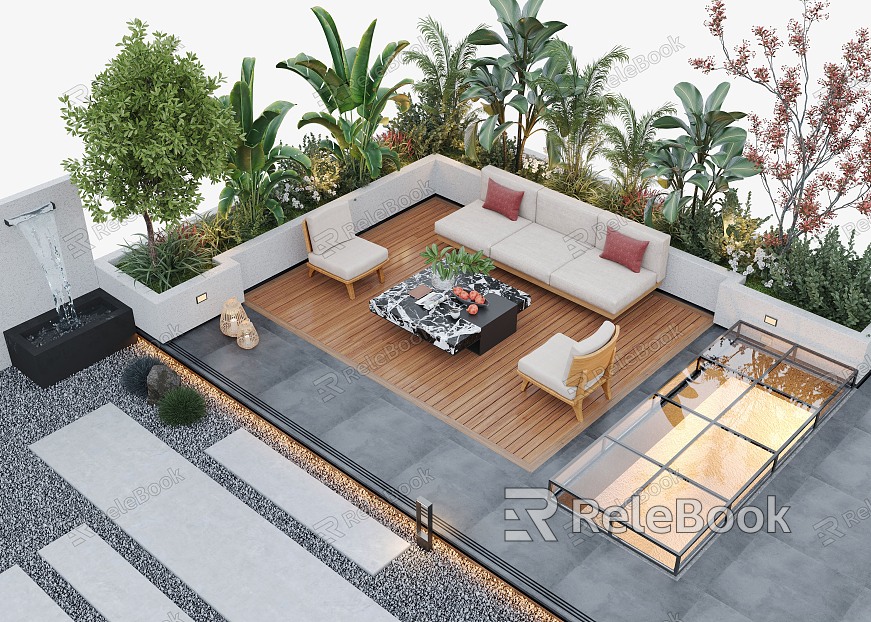 Courtyard Landscape Outdoor Sofa Flower Pool Landscape Plants Outdoor Lighting Waterscape model