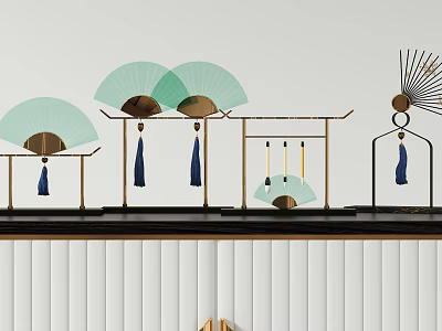 Minimalist Decorative Ornament Set With Light Green Fans Blue Tassels And Metal Stands 3d model