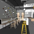 Experimental Bubble Tea Shop With Open Counter Yellow Stools White Tiled Walls And Hanging Lights