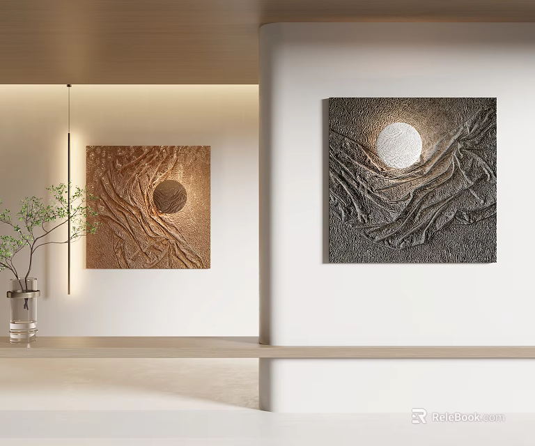 Modern Artistic Wall Decor With Textured Patterns And Circular Elements In Minimalist Interior 3d model 