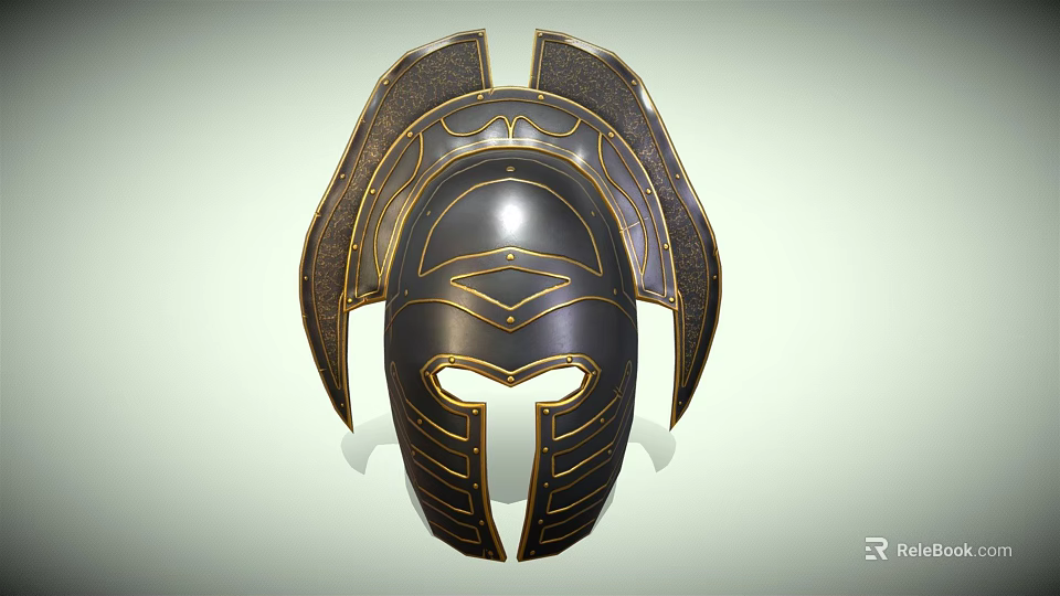 Black And Gold Fantasy Helmet Design With Winged Sides And Decorative Patterns 3d model 