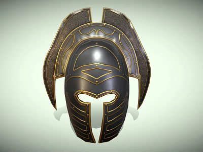 Black And Gold Fantasy Helmet Design With Winged Sides And Decorative Patterns 3d model