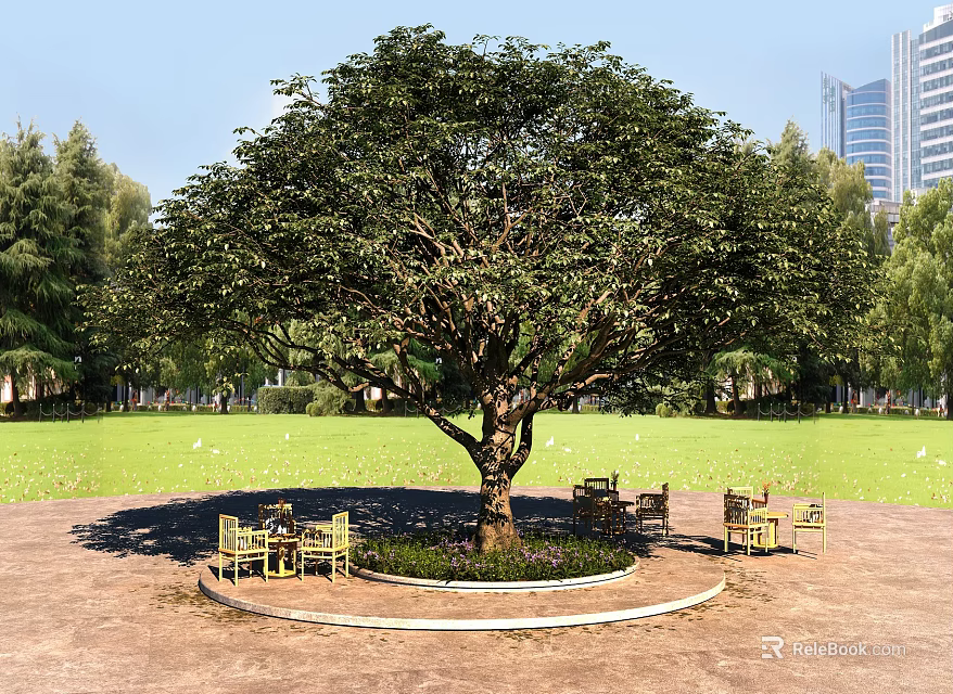Large Shady Arbor With Circular Area And Chairs Tables On Lawn Near High Rise Buildings 3d model 