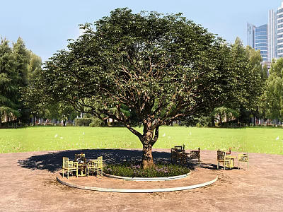 Large Shady Arbor With Circular Area And Chairs Tables On Lawn Near High Rise Buildings 3d model
