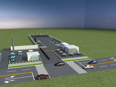 Modern Parking Lot With Cars Entry Pavilion Road Markings And Green Lawn 3d model