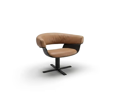 Modern Brown Leather Armchair With Curved Armrests And Black Metal Cross Base 3d model