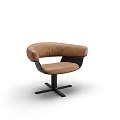 Modern Brown Leather Armchair With Curved Armrests And Black Metal Cross Base