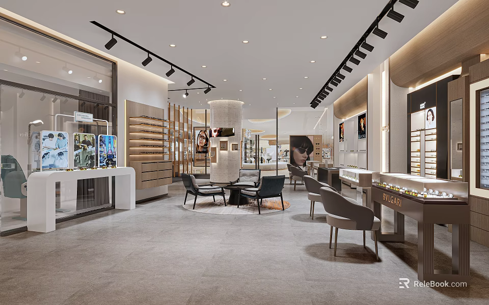 Elegant Modern Store Interior Design With Spacious Display Counters Chairs And Lighting 3d model 