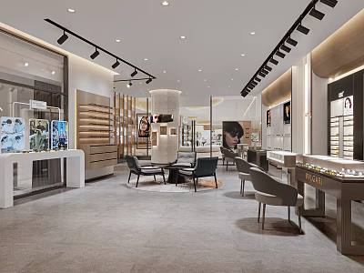 Elegant Modern Store Interior Design With Spacious Display Counters Chairs And Lighting 3d model