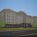 Office Building Exterior Design With Beige And Brown Facade Arched Windows Sloped Roof And Trees