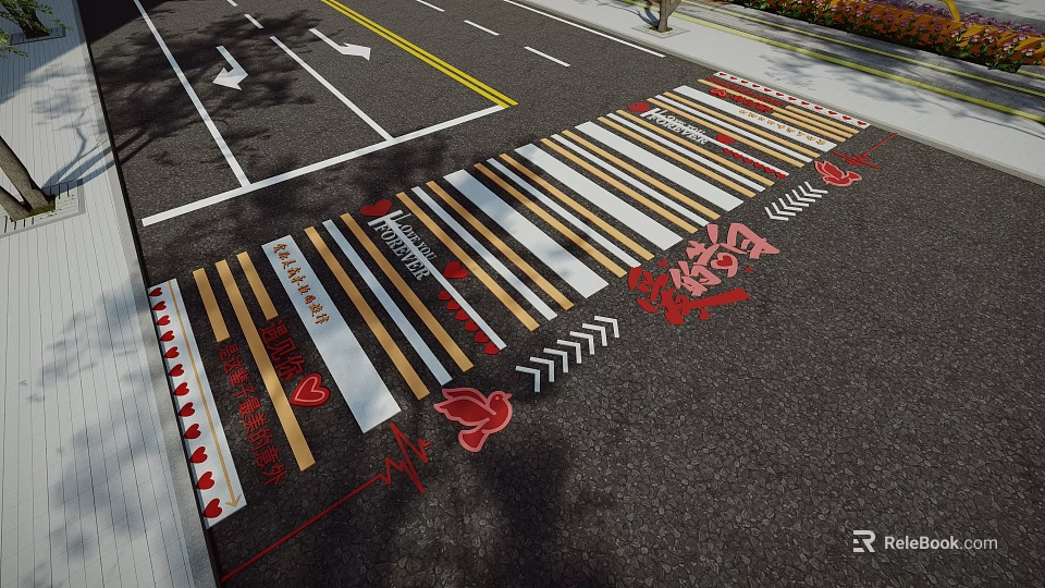 Decorative Plaza Paving Featuring Colorful Stripes Heart Designs and Arrow Motifs 3d model 