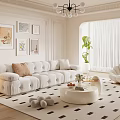 White Plush Sofa and Round Coffee Table Set with Decorative Items Area Rug and Wall Art