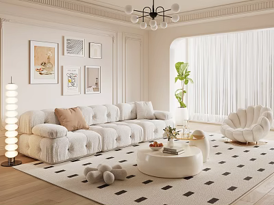 White Plush Sofa and Round Coffee Table Set with Decorative Items Area Rug and Wall Art 3d model