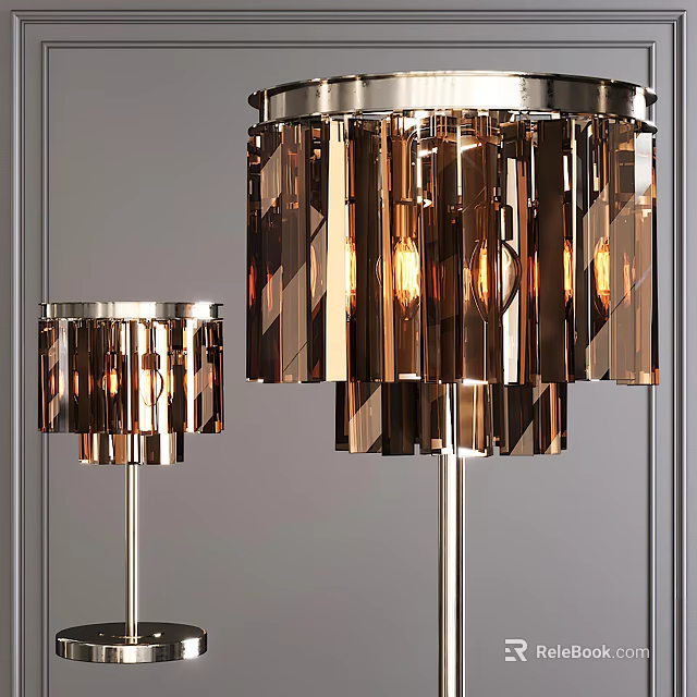 Elegant Modern Table Lamp With Shiny Metal Base And Amber Strips Illuminated Warm Light 3d model 