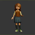 Red Haired Girl In Yellow Top Brown Vest Blue Skirt Green Shoes And Gray Background