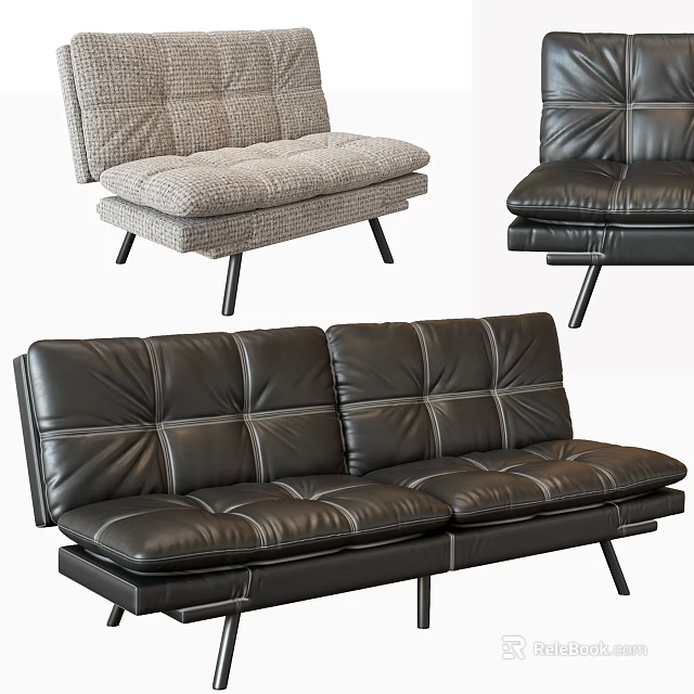 Three Seater Sofa With Black Leather And Light Gray Fabric Modern Design 3d model 
