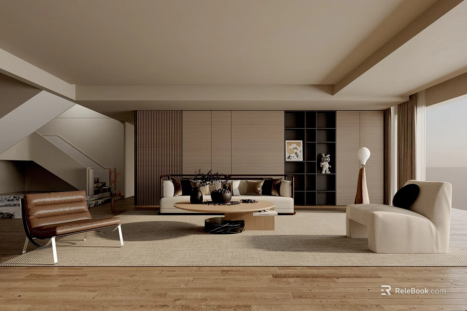 Modern Living Room Interior With Beige Sofa Brown Accent Chair Coffee Table And Wooden Flooring 3d model 