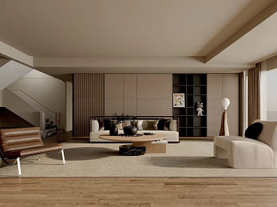 Modern Living Room Interior With Beige Sofa Brown Accent Chair Coffee Table And Wooden Flooring 3d model
