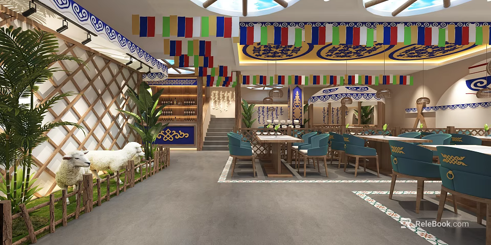 Mongolian Restaurant With Yurt Style Design Colorful Prayer Flags Wooden Decor Green Plants Blue Chairs 3d model 