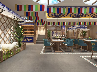 Mongolian Restaurant With Yurt Style Design Colorful Prayer Flags Wooden Decor Green Plants Blue Chairs 3d model