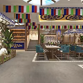 Mongolian Restaurant With Yurt Style Design Colorful Prayer Flags Wooden Decor Green Plants Blue Chairs