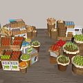 Fresh Assorted Fruits Including Apples Oranges Grapes in Baskets and Wooden Crates Market
