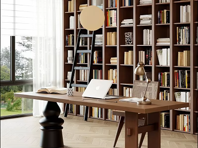 Cozy Study Room Interior With Wooden Desk Open Laptop Table Lamp And Tall Bookshelves 3d model