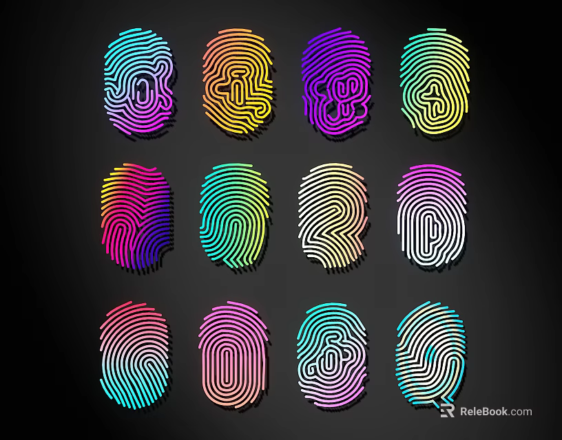 Vibrant Line Art of Colorful Fingerprints with Abstract Patterns on Black Background 3d model 