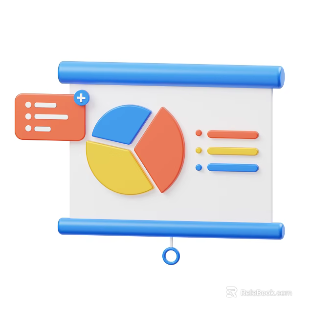 Data Visualization Whiteboard With Blue Scroll Pie Chart List Icon And Colorful Bar Graphs 3d model 