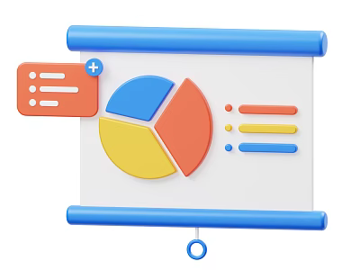 Data Visualization Whiteboard With Blue Scroll Pie Chart List Icon And Colorful Bar Graphs 3d model