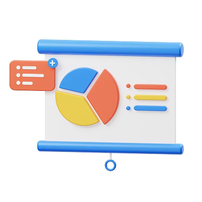 Data Visualization Whiteboard With Blue Scroll Pie Chart List Icon And Colorful Bar Graphs 3d model