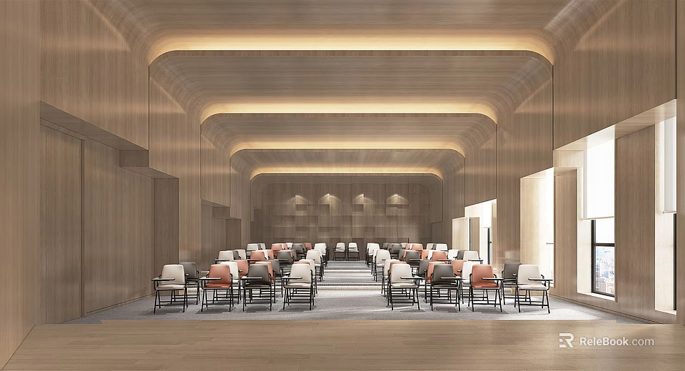 Modern Conference Room Interior With Wooden Walls Arched Ceiling And Neatly Arranged Seating 3d model 