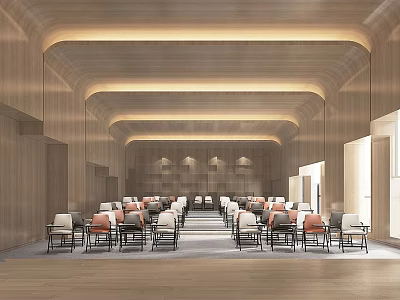 Modern Conference Room Interior With Wooden Walls Arched Ceiling And Neatly Arranged Seating 3d model
